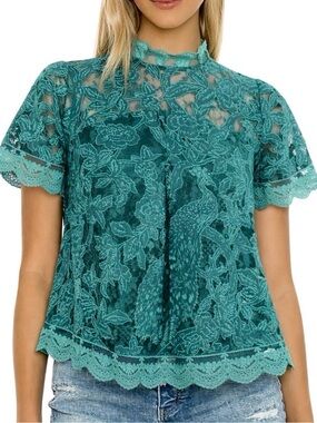 Teal Lace a-line high neck top by Anthropologie HD in Paris.